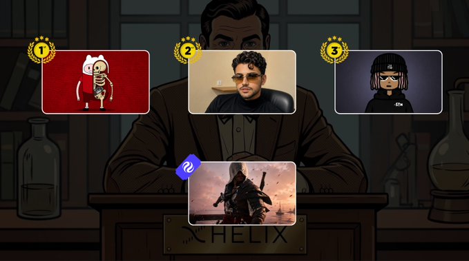 A Helix-themed graphic showing a podium with a cartoon man in the background and four ranked entries: a skeleton character (1st), a man with sunglasses (2nd), a hooded figure (3rd), and a warrior image (4th).