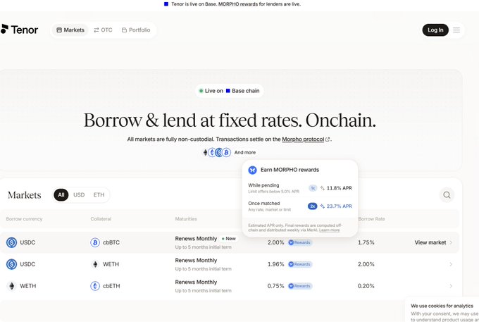Tenor Finance's lending markets page showing fixed-rate USDC lending options with cbBTC, WETH, and c0ETH collateral, featuring a highlighted pop-up advertising up to 23.7% APR in MORPHO rewards for USDC lenders.