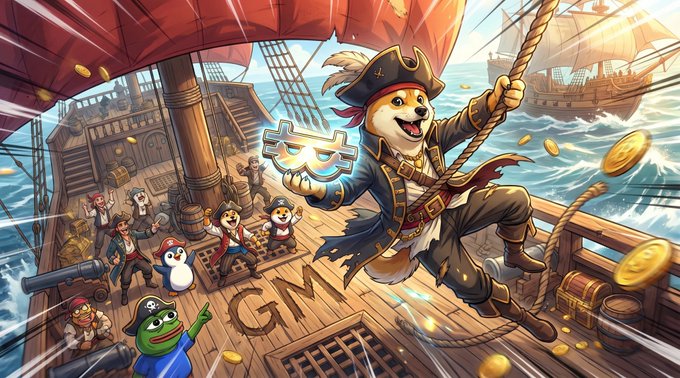 A cartoon pirate dog captain swings on a rope holding glowing sunglasses on a treasure-filled ship, accompanied by his diverse crew, while the letters "GM" are carved into the deck—perfectly matching the bullish "GM Squad! Let's go full power today" greeting for crypto traders.
