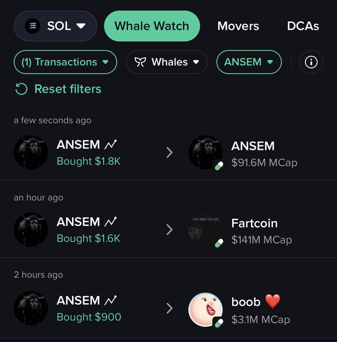 A Whale Watch dashboard for SOL tracks recent buys by top trader ANSEM, who purchased ANSEM ($1.8K), Fartcoin ($1.6K), and boob ❤️ ($900) within the past two hours. The image illustrates the post's claim about tracking early top traders' moves on the Moby platform.