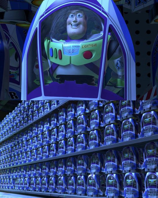A split image showing a close-up of a Buzz Lightyear action figure on top and rows of packaged Buzz Lightyear toys on shelves below.