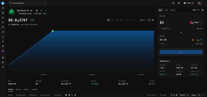 A financial trading platform interface showing a chart for 'Pet Rock PR', priced at $0.02767, with the chart indicating a sharp rise followed by a flat line, and trade options on the right side.