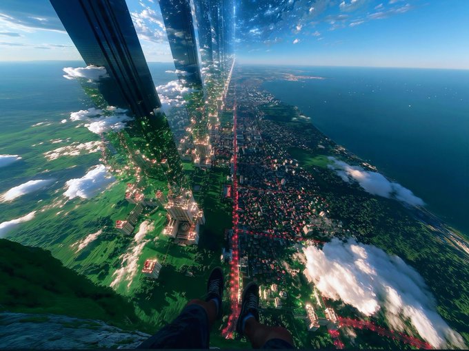 A first-person view from atop a towering skyscraper overlooking a sprawling city and ocean, with legs dangling over the edge, evoking the high-stakes tension of a crypto market crash and leverage wipeout.