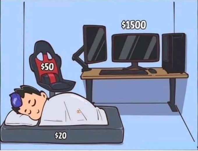 A cartoon illustration of a person sleeping on a $20 mattress, with a $50 gaming chair and a $1500 computer setup nearby, suggesting varying spending priorities.