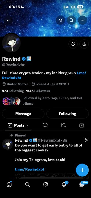 A Twitter/X profile screenshot for 'Rewind' (@Rewindxbt) describing themselves as a 'Full-time crypto trader' with a pinned post promoting their Telegram group 't.me/Rewindxbt'.