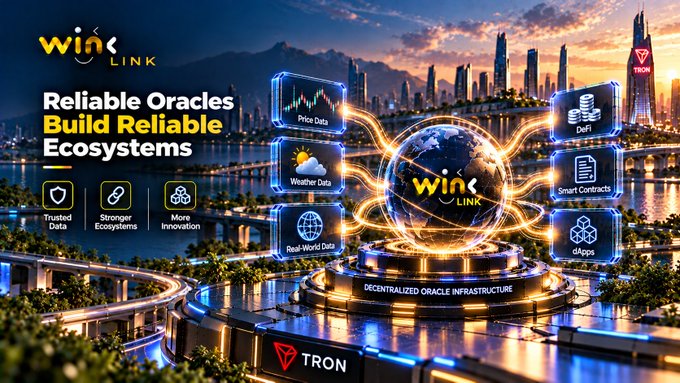A promotional banner for 'WinLink' displays the slogan 'Reliable Oracles Build Reliable Ecosystems' with icons for Trusted Data, Stronger Ecosystems, and More Innovation, alongside a central glowing globe labeled 'DECENTRALIZED ORACLE INFRASTRUCTURE' connected to nodes like Price Data, Weather Data, Real-World Data, DeFi, Smart Contracts, and dApps, with a TRON logo at the bottom.