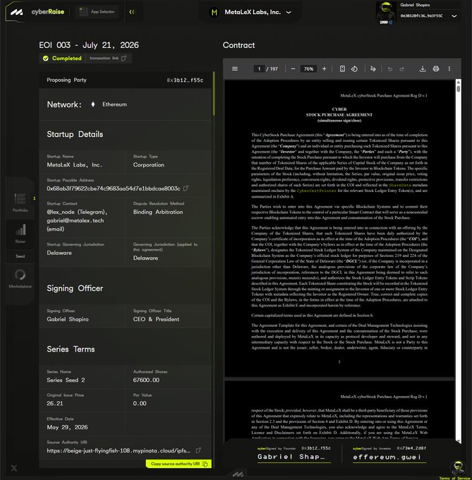 The image displays a digital contract for a "Cyber Stock Purchase Agreement" for "MetaLeX Labs, Inc." filed with "Ethereum" on July 21, 2026, between "Gabriel Shapiro" and another party. This visually represents the technical and legal framework of tokenized investments, aligning with the post's message about the Ethereum ecosystem's potential to attract builders and capital.