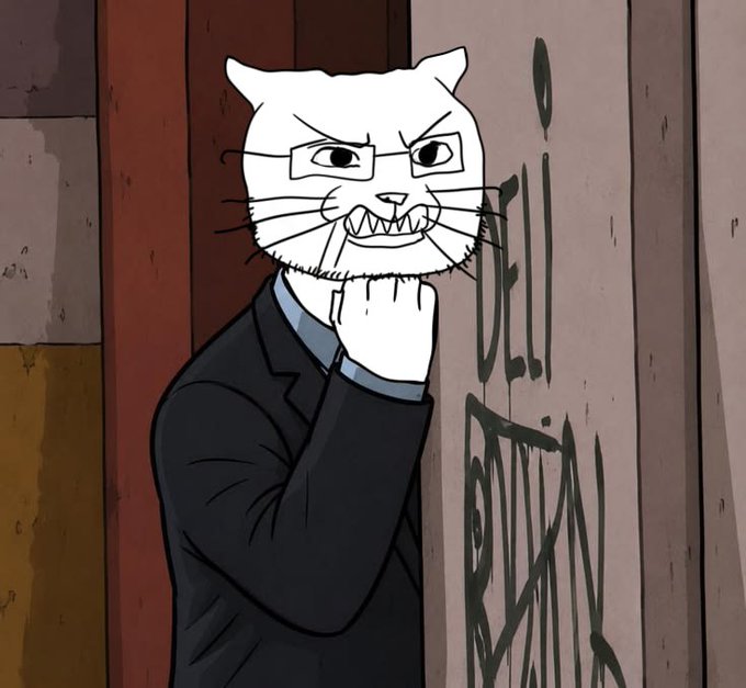 An illustration of an angry-looking white cat wearing glasses and a black suit, standing next to graffiti-covered walls.