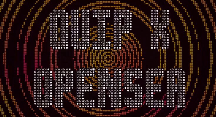 The image features a large screen with a digital art piece of text written in white letters against a black background. The text reads "Outer I Open!".