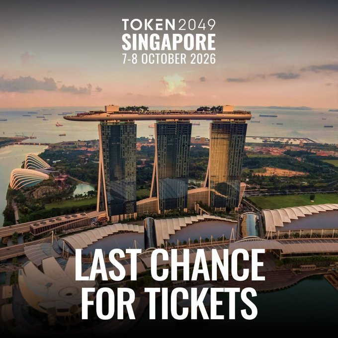 A promotional banner for TOKEN2049 SINGAPORE on 7-8 October 2026, featuring an aerial view of the Marina Bay Sands at sunset with the text 'LAST CHANCE FOR TICKETS'.