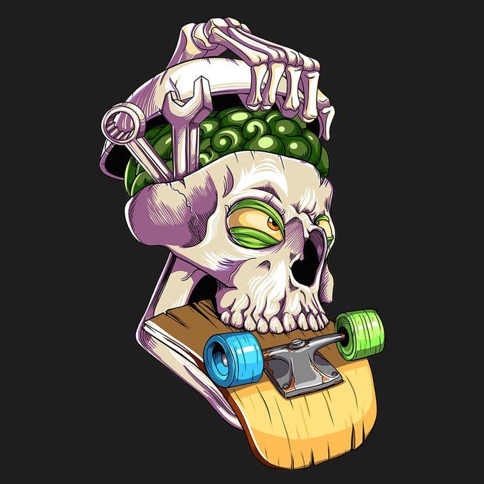 A stylized illustration of a skull with a green brain exposed, mechanical parts, and a skateboard attached to the bottom, set against a black background.