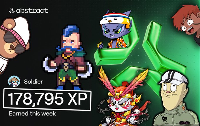 A promotional graphic for 'abstract' featuring various cartoon characters, including a pixel soldier, with text displaying '178,795 XP Earned this week' against a green background.