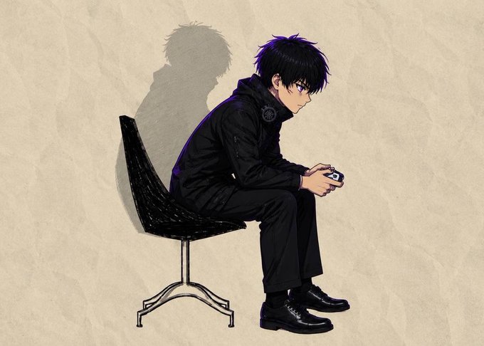 An anime-style young man with dark hair and headphones around his neck sits hunched on a black chair, focused intently on a handheld gaming device, his shadow cast against a crumpled paper-textured wall—visually embodying the post's message of quiet, focused determination and self-belief heading into Q4.