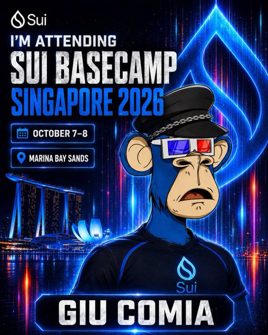 A promotional graphic for 'SUI BASECAMP SINGAPORE 2026' on October 7-8 at Marina Bay Sands, featuring a cartoon blue monkey character wearing 3D glasses and labeled 'GIU COMIA'.