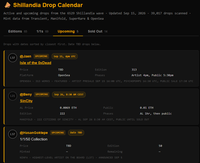A webpage titled "Shillandia Drop Calendar" displays a list of upcoming NFT drops, including "Isle of the 0xDead" by @Jaen on OpenSea and "SinCity" by @Beny on Manifold.