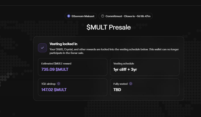 The image shows a $MULT Presale dashboard on Ethereum Mainnet, displaying vesting details with an estimated $MULT reward of 735.09, a TGE airdrop of 147.02 $MULT, and a vesting schedule of 1yr cliff + 3yr, indicating the user is locked in and must claim their free $MULT allocation before the commitment closes in 5d 8h 47m.