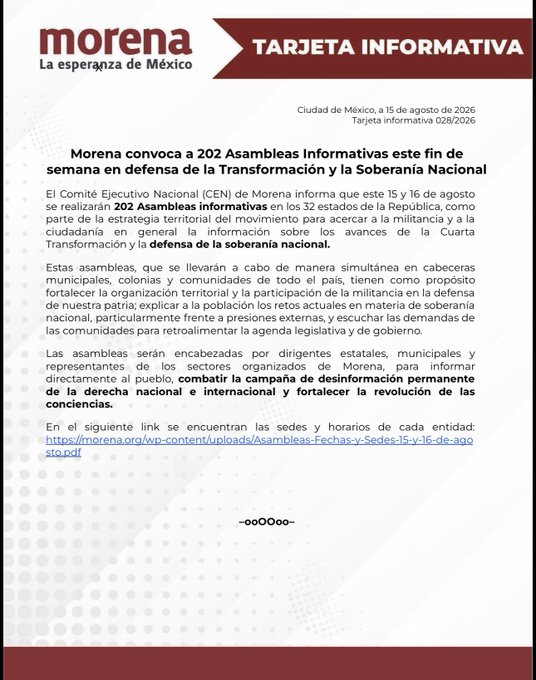 A Morena party informational card (Tarjeta Informativa) dated August 15, 2026, announcing 202 informational assemblies to defend the Fourth Transformation and national sovereignty.