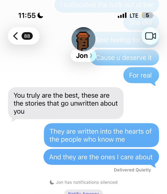 iMessage screenshot conversation with 'Jon' showing affectionate messages including 'They are written into the hearts of the people who know me' and 'And they are the ones I care about' (Delivered Quietly), with notifications silenced.