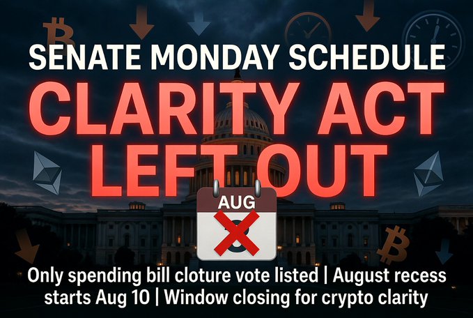 A graphic announces "SENATE MONDAY SCHEDULE: CLARITY ACT LEFT OUT" in large red text over a darkened U.S. Capitol building, featuring a calendar marking August with a red X. Subtext notes that only a spending bill cloture vote is listed, with the August recess starting August 10, visually reinforcing the post's warning that the window for crypto market structure legislation is rapidly closing.