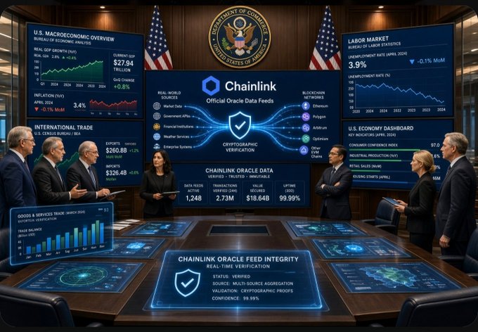 A government-style dashboard showing U.S. macroeconomic data alongside 'Chainlink Official Oracle Data Feeds' with cryptographic verification details.