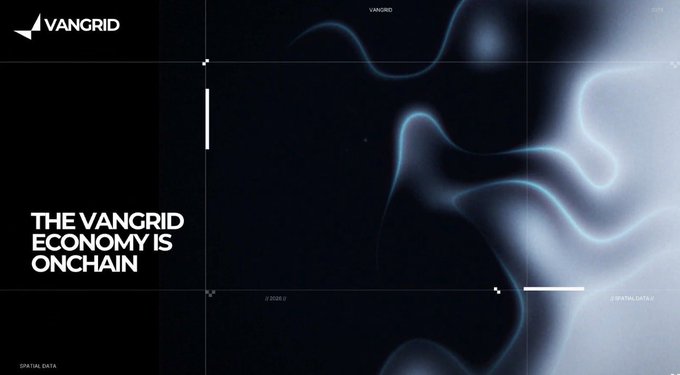 A dark, futuristic graphic featuring the "VANGRID" logo in the top-left corner and the tagline "THE VANGRID ECONOMY IS ONCHAIN" in bold white text on the left side. The right side displays flowing, abstract light-blue wave-like patterns over a black background, with small labels including "SPATIAL DATA," "2025," and "DIGITAL DATA," along with partial text at the top such as "VANGRID" and "ATER." This visual reinforces the accompanying post's mention of @vangrid_io, emphasizing the platform's focus on capturing specific physical spatial data for digital, on-chain economic purposes.