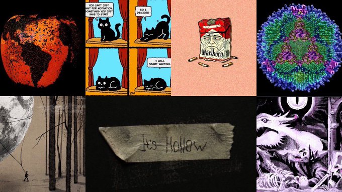 A collage of dark, surreal artworks and memes includes a fiery globe, a black cat comic labeled “I WILL START WAITING,” a tired “Marlboro” character, a colorful sphere, a giant animal, torn tape reading “It’s Hollow,” and a fantasy bird scene.