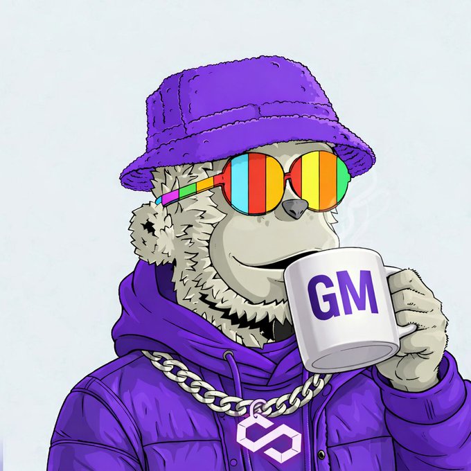 The image features a cartoon monkey wearing a purple hat and sunglasses while holding a coffee cup. The caption of the image reads "GM @0xPolygon Fam Every sunrise is a reminder: we’re not just here for candles we’re here to reshape finance at scale." This post seems to be promoting a brand or product related to finance, possibly an app or service that helps users manage their finances more efficiently.