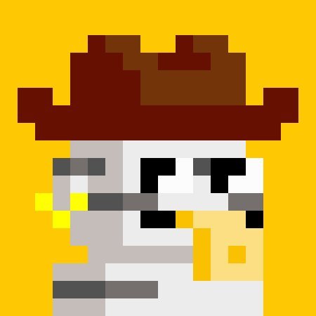 A pixel art style image showing a character with dark skin, a brown hat, a yellow mustache and goatee, and pixelated sunglasses on a yellow background.