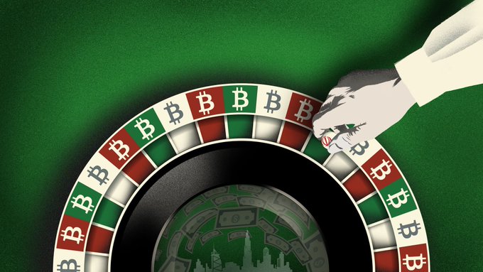 An illustration of a hand spinning a roulette wheel where the pockets are replaced with Bitcoin (₿) symbols, set against a green background.