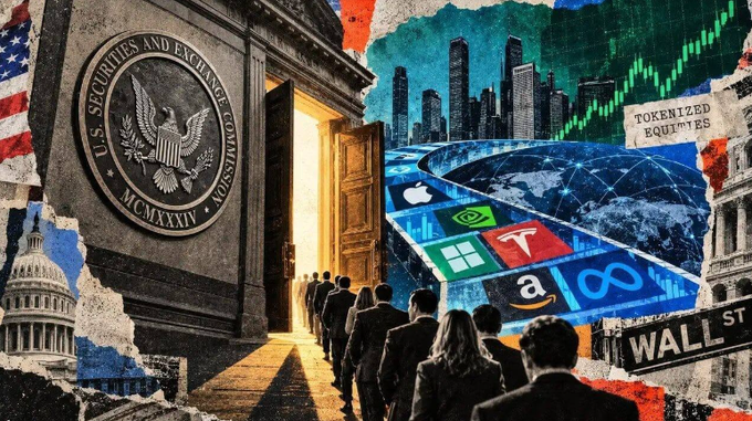 A collage-style image depicting the SEC building entrance with people walking in, alongside stock market imagery, tech company logos (Apple, NVIDIA, Microsoft, Tesla, Amazon, Meta), and references to "tokenized equities" and "Wall St."