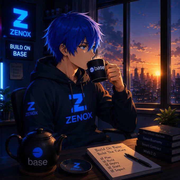 Anime-style illustration of a blue-haired character drinking from a 'base' mug while wearing a ZENOX hoodie, surrounded by neon 'BUILD ON BASE' signs, books on Web3/Smart Contracts, and a checklist titled 'Build On Base, Build The Future' (Plan, Build, Deploy, Scale, Impact).