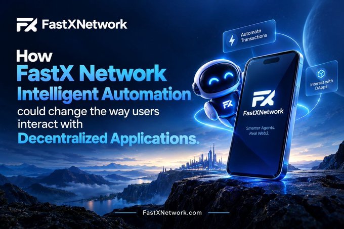 A promotional graphic for 'FastXNetwork' featuring a blue robot character, a smartphone displaying the app, and the text 'How FastX Network Intelligent Automation could change the way users interact with Decentralized Applications.'