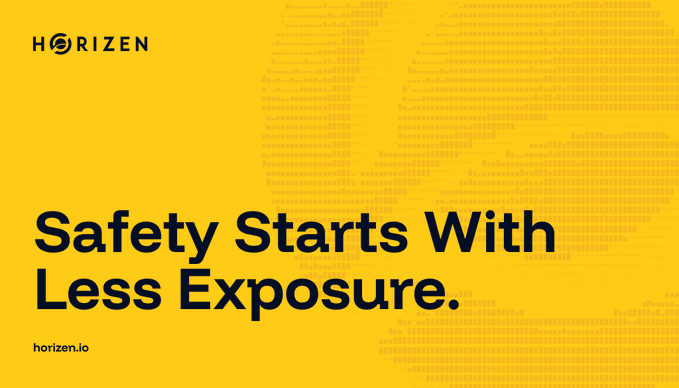 A bright yellow Horizon.io graphic with a faint radiation trefoil pattern and large navy text reading, “Safety Starts With Less Exposure.”