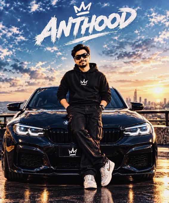 A promotional poster titled 'ANTHOOD' featuring a man in a black hoodie and sunglasses leaning against a black BMW, with a crown logo above the title and a city skyline at sunset in the background.