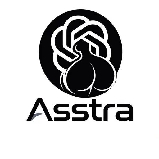 A black circular logo featuring a stylized, intricate knot-like design sits above the text 'Asstra' in a bold, sans-serif font.