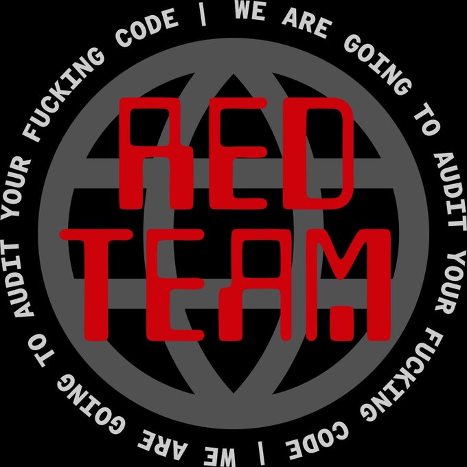 The image displays a logo with "RED TEAM" in bold red letters centered over a dark globe, encircled by the phrase "WE ARE GOING TO AUDIT YOUR FUCKING CODE | WE ARE GOING TO AUDIT YOUR FUCKING CODE" in white text. This visual reinforces the post's message about Bitcoin's Red Team—a group dedicated to code auditing—donating their BLAKE2b airdrop to assist Coldcard victims.