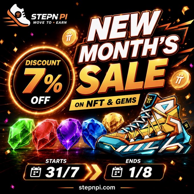 Celebrate the new month with STEPN PI's sale, offering 7% off NFT Sneakers and Gems from July 31st to August 1st. The image visually represents this promotion with colorful gems and a stylized sneaker, all centered around the "NEW MONTH'S SALE" message and discount details.