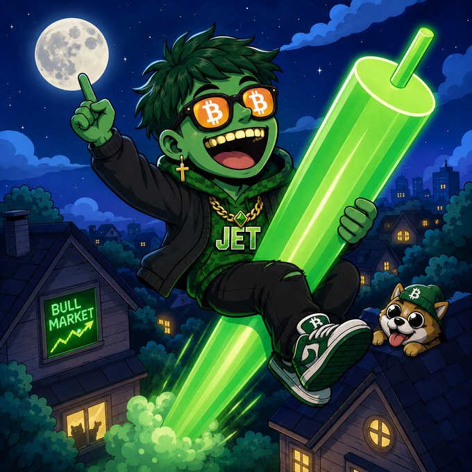 A cartoon illustration of a character named 'JET' wearing Bitcoin sunglasses and gold chain, riding a green rocket over a 'BULL MARKET' house at night.