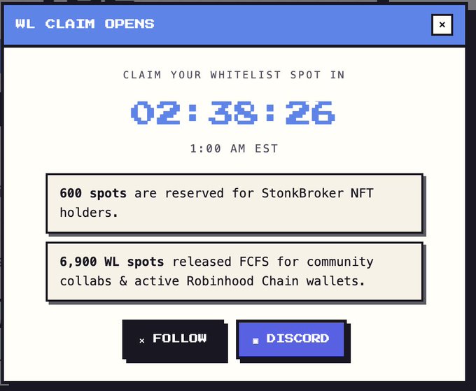 A pixel-art style countdown window displays "WL CLAIM OPENS" with 2 hours, 38 minutes, and 26 seconds remaining until 1:00 AM EST, alongside details that 600 spots are reserved for StonkBroker NFT holders and 6,900 WL spots are released FCFS for community collabs and active Robinhood Chain wallets. The image complements the post by visually promoting the whitelist claim opportunity for the upcoming August 10th mint.