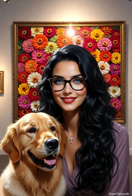 A woman with long dark hair and glasses smiles alongside a golden retriever, posed in front of a vibrant floral painting, with the watermark "CryptoTonya.eth" visible in the bottom right—fitting the post's cheerful "GM Happy Friday" vibe and tags highlighting her identity as a crypto/NFT artist.