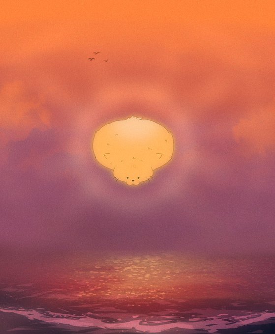 A whimsical illustration depicts a sun with a small bear face setting over a purple and orange ocean, with birds silhouetted in the sky.