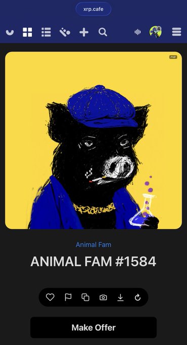 A digital art piece displayed on xrp.cafe showing a stylized black bear or dog wearing a blue cap and gold chain against a yellow background, titled 'ANIMAL FAM #1584' with a 'Make Offer' button below.