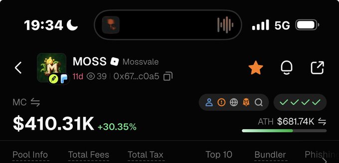 A mobile crypto app screen displays the MOSS token at $410.31K with a +30.35% gain, showing an ATH of $681.74K.