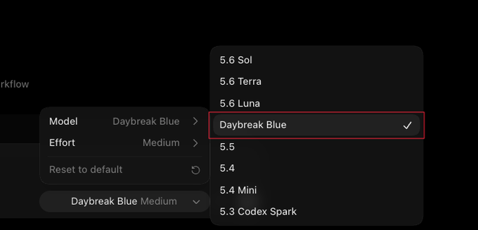 A dark UI settings menu showing 'Daybreak Blue' selected as the Model, with options ranging from '5.6 Sol' down to '5.3 Codex Spark'.