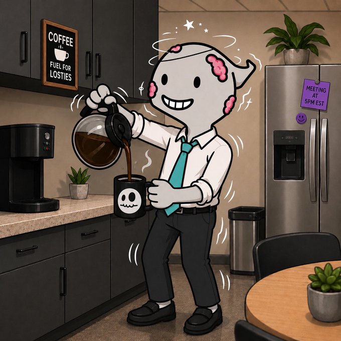 A cartoon zombie character in office attire pours coffee into a skull mug in a kitchen setting, with a 'COFFEE FUEL FOR LOSTIES' sign and a 'MEETING AT 5PM EST' note on the fridge.