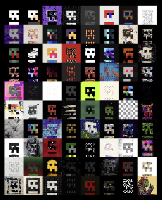 A grid of 80 small digital art pieces, each featuring a stylized face or pixelated character in various artistic styles, colors, and textures. One cell near the bottom center displays the text "OCCUPIED CONSTRAINT" in white on a black background, tying the collaborative artwork to the post's theme of 80 artists contributing together under the "Constraint" concept.