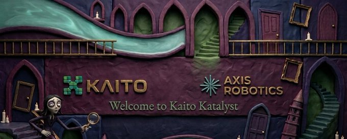 An illustrated scene depicts a fantastical building with arches and a green slide, displaying the logos and names "KAITO" and "AXIS ROBOTICS" with the text "Welcome to Kaito Katalyst" between them.