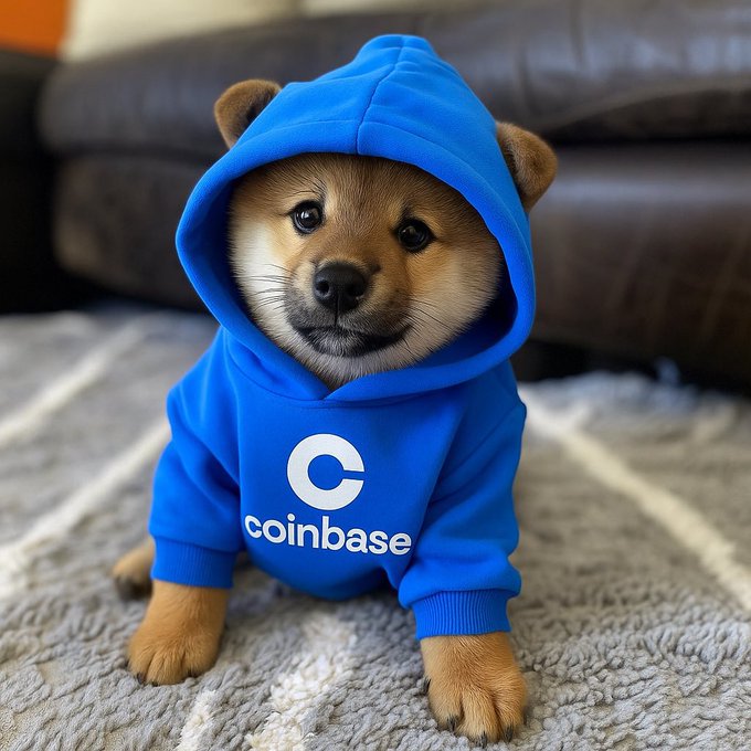 A Shiba Inu puppy wearing a blue Coinbase-branded hoodie, sitting on a gray rug.