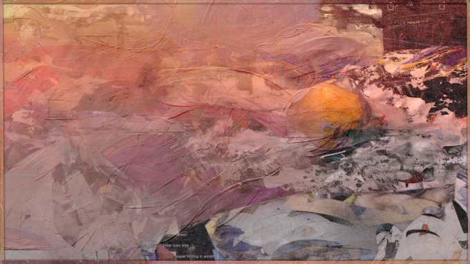 Abstract painting with layered pink, orange, and purple brushstrokes and faint textual overlays.