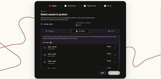 A screenshot of a digital interface for selecting assets to protect in a Solana wallet, showing a 'BOSCAN_NFTIN' collection with options for USDC, SPL tokens, and NFTs.